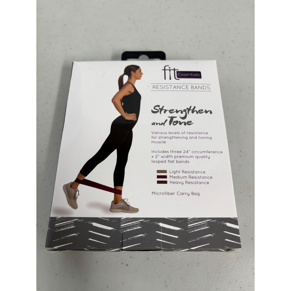 Fit Essentials Resistance Bands 3 Pack Light Medium Heavy 24in Loop with Bag NEW